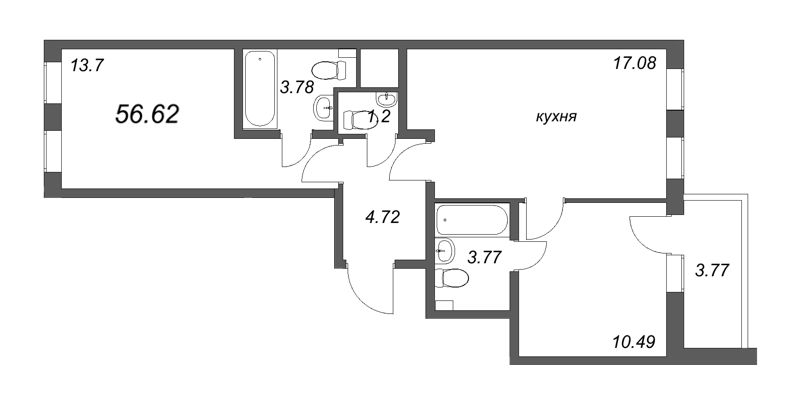3-комнатная (Евро) квартира, 56.62 м² - планировка, фото №1
