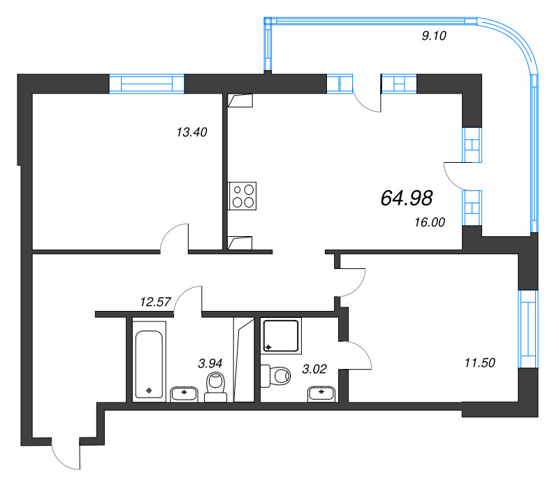 3-комнатная (Евро) квартира, 64.98 м² в ЖК "Энфилд" - планировка, фото №1