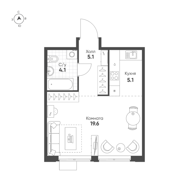 Квартира-студия, 33.9 м² в ЖК "Ягодное Река Парк" - планировка, фото №1