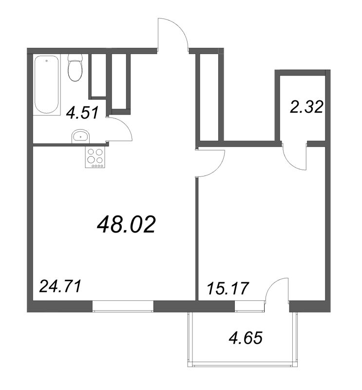 2-комнатная (Евро) квартира, 48.02 м² - планировка, фото №1