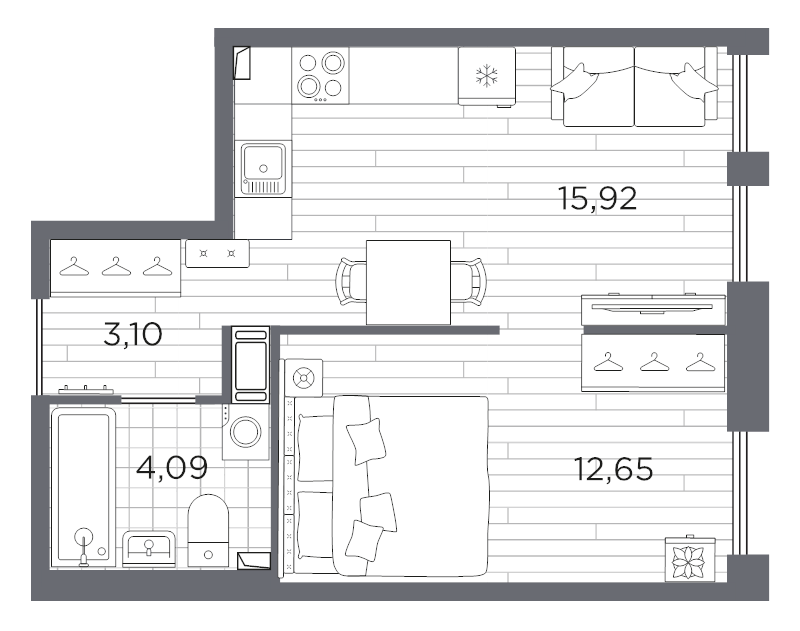 2-комнатная (Евро) квартира, 35.76 м² - планировка, фото №1