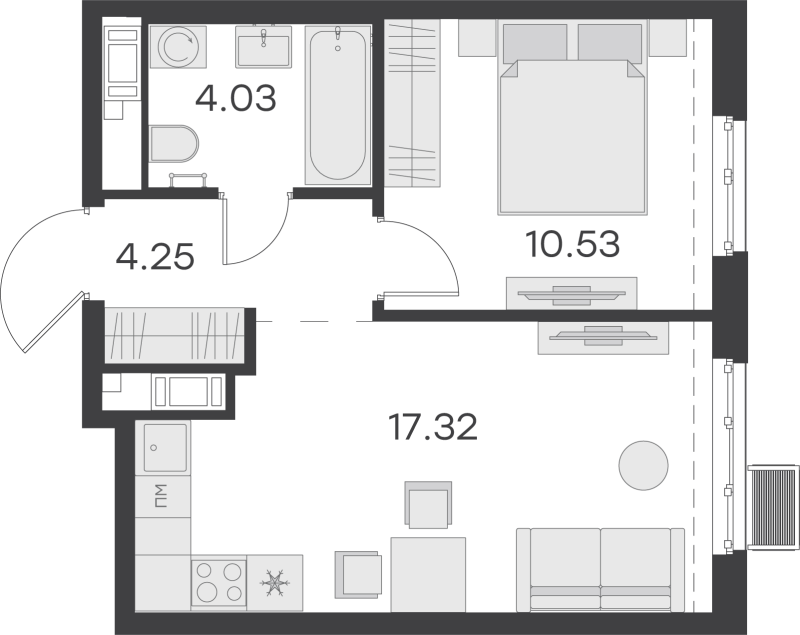 2-комнатная (Евро) квартира, 36.13 м² - планировка, фото №1