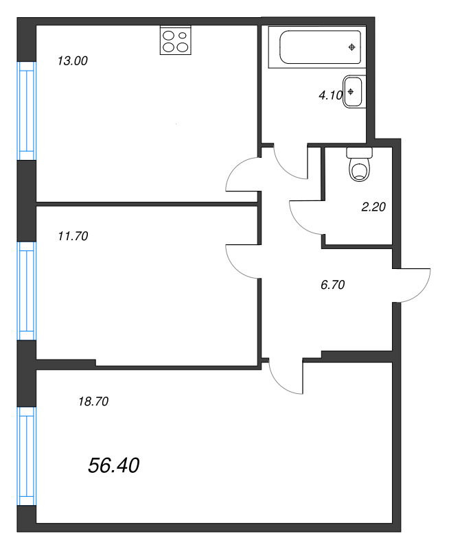 2-комнатная квартира, 56.4 м² в ЖК "Ягодное Река Парк" - планировка, фото №1