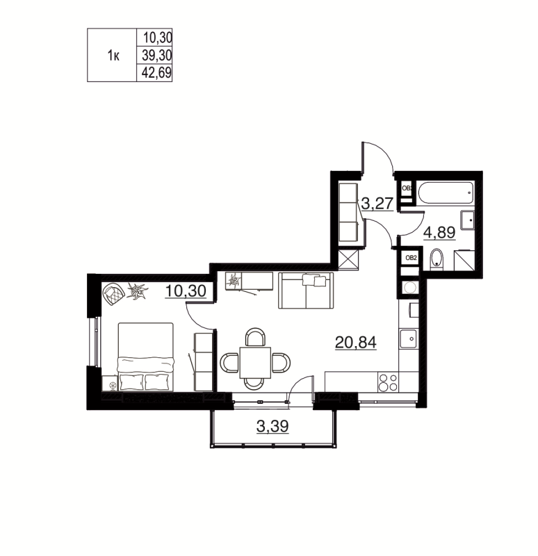 2-комнатная (Евро) квартира, 42.69 м² в ЖК "Соло. Петергоф" - планировка, фото №1
