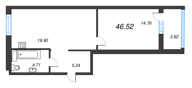 2-комнатная (Евро) квартира, 45.9 м² - планировка, фото №1