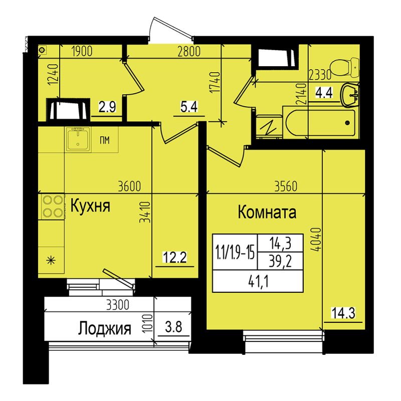 1-комнатная квартира, 41.1 м² - планировка, фото №1