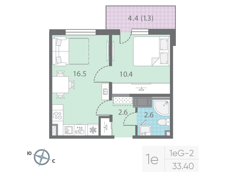 2-комнатная (Евро) квартира, 33.4 м² в ЖК "Цветной город" - планировка, фото №1