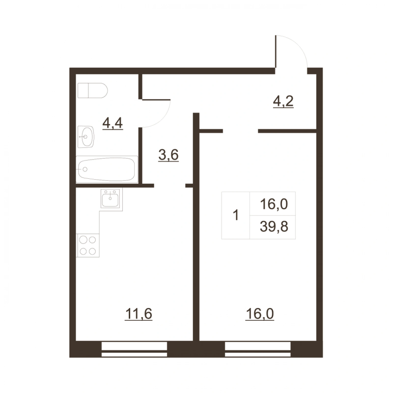 1-комнатная квартира, 40.4 м² в ЖК "Дом на набережной" - планировка, фото №1