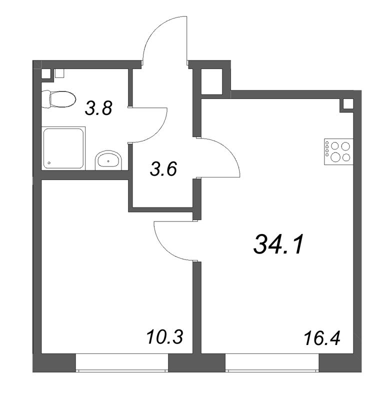 2-комнатная (Евро) квартира, 34.1 м² в ЖК "Пулково Lake" - планировка, фото №1