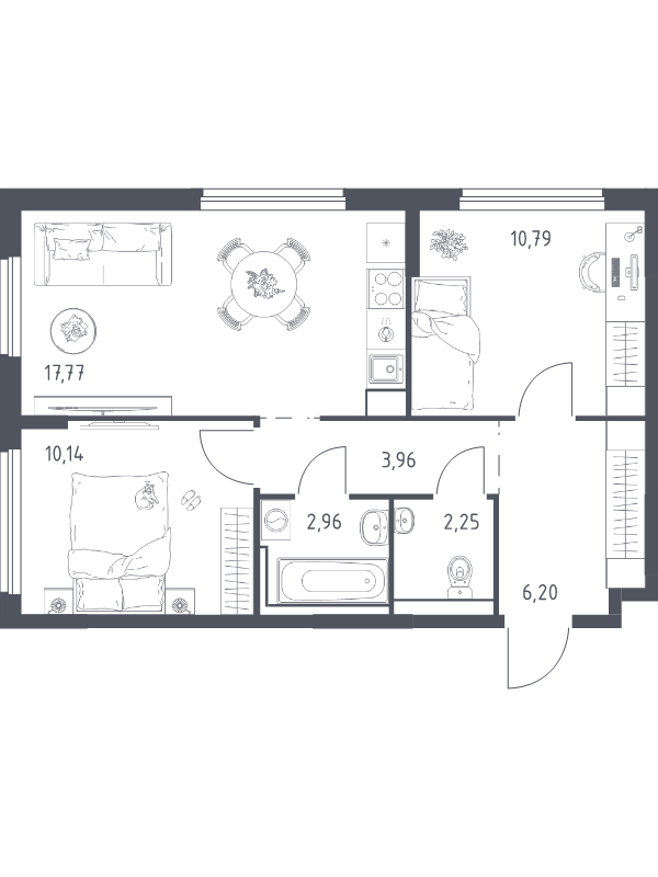 3-комнатная (Евро) квартира, 53.82 м² в ЖК "Новое Колпино" - планировка, фото №1
