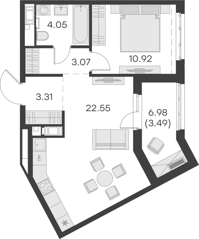 2-комнатная (Евро) квартира, 47.39 м² - планировка, фото №1
