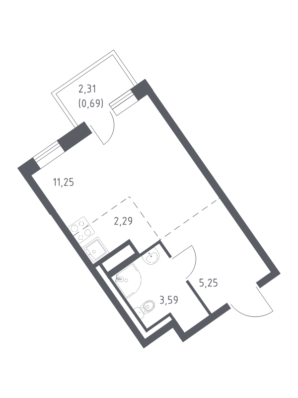 Квартира-студия, 23.07 м² - планировка, фото №1