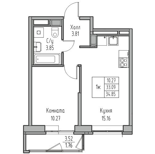 1-комнатная квартира, 34.85 м² в ЖК "Юнтолово" - планировка, фото №1