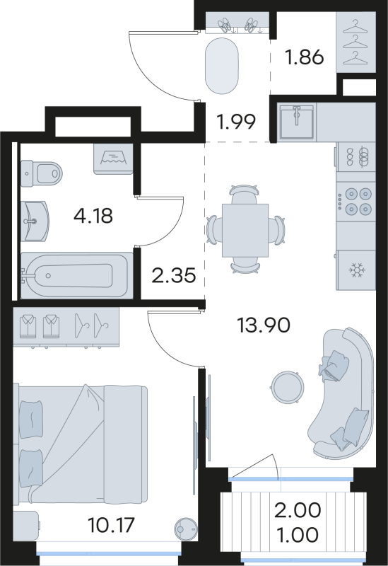 2-комнатная (Евро) квартира, 35.45 м² - планировка, фото №1