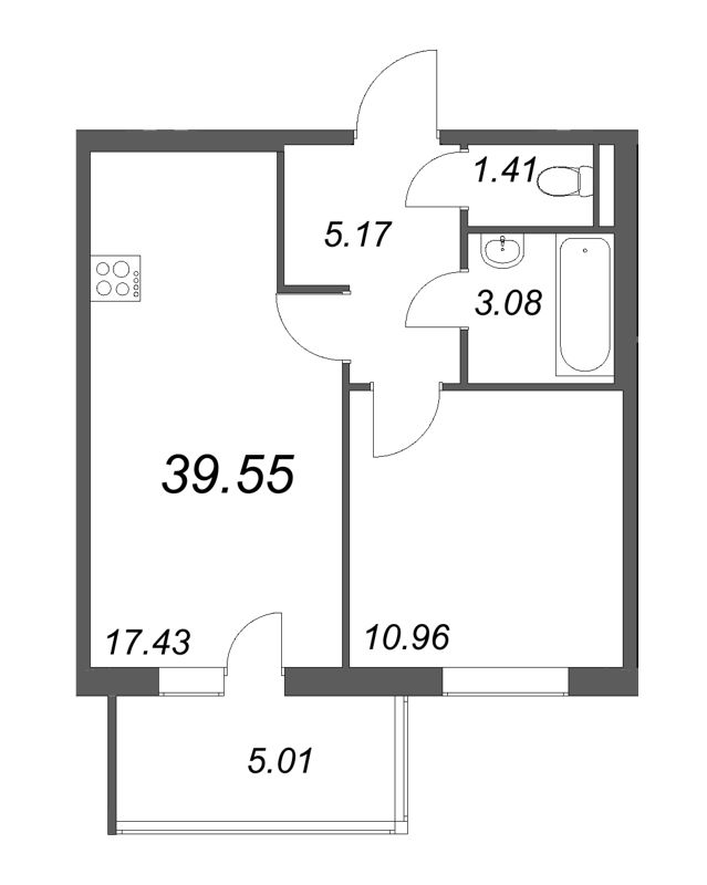 2-комнатная (Евро) квартира, 43.05 м² - планировка, фото №1