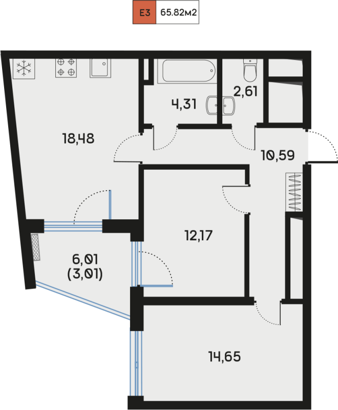 3-комнатная (Евро) квартира, 65.75 м² - планировка, фото №1