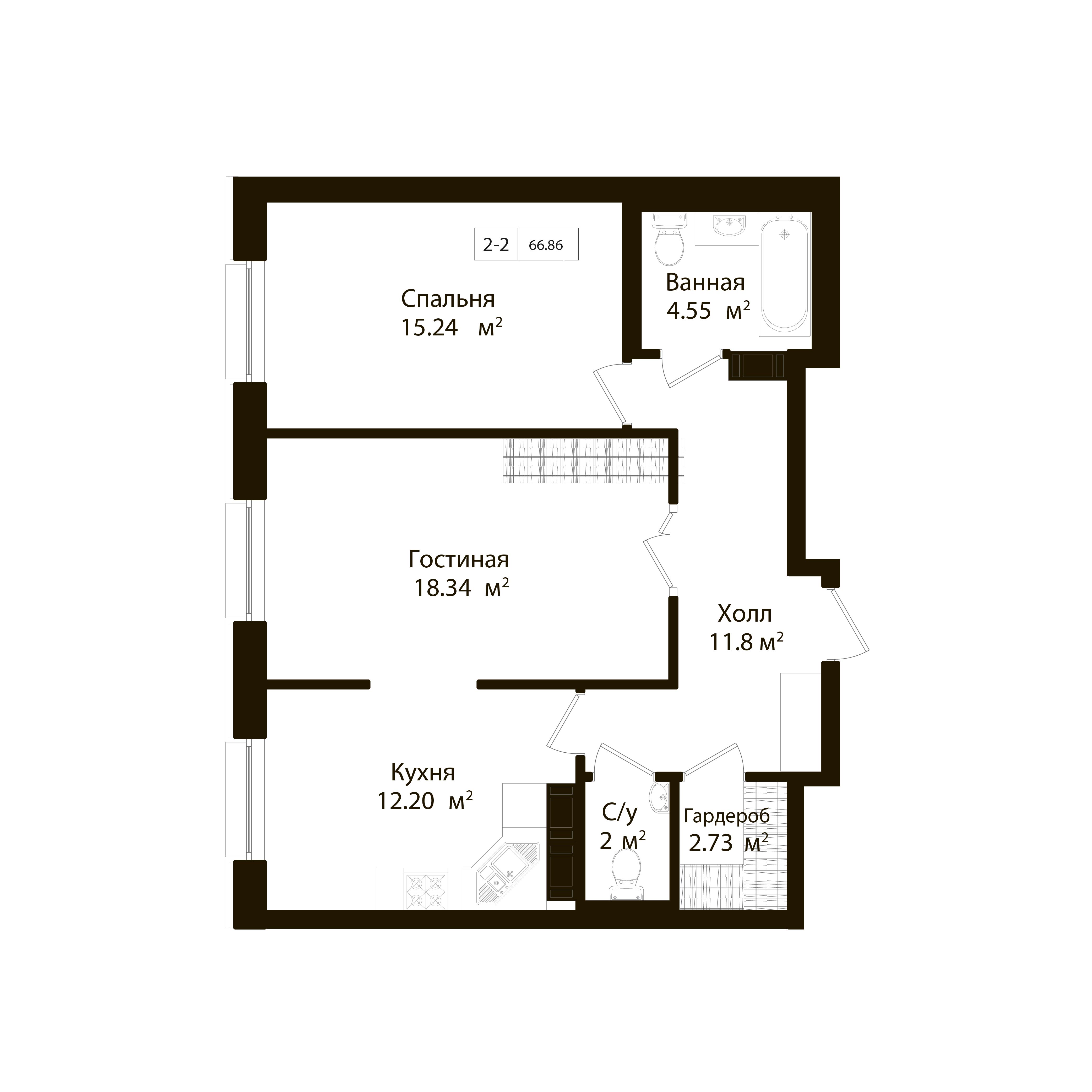 2-комнатная квартира, 67.9 м² в ЖК "Идеалист" - планировка, фото №1