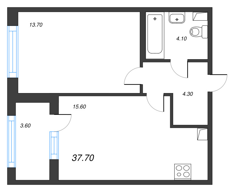 2-комнатная (Евро) квартира, 37.7 м² в ЖК "Дубровский" - планировка, фото №1