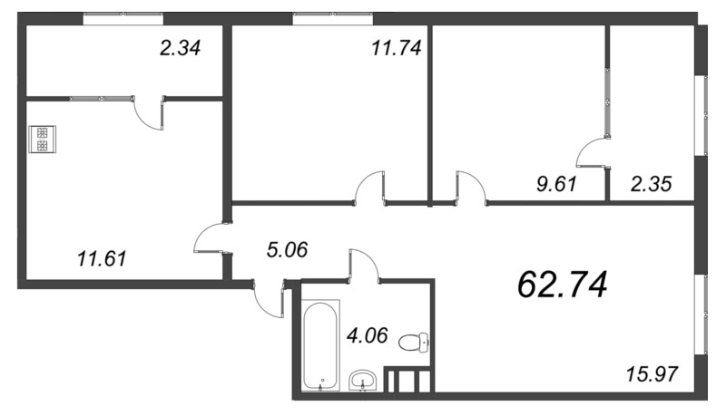 3-комнатная квартира, 67.53 м² в ЖК "Pixel" - планировка, фото №1