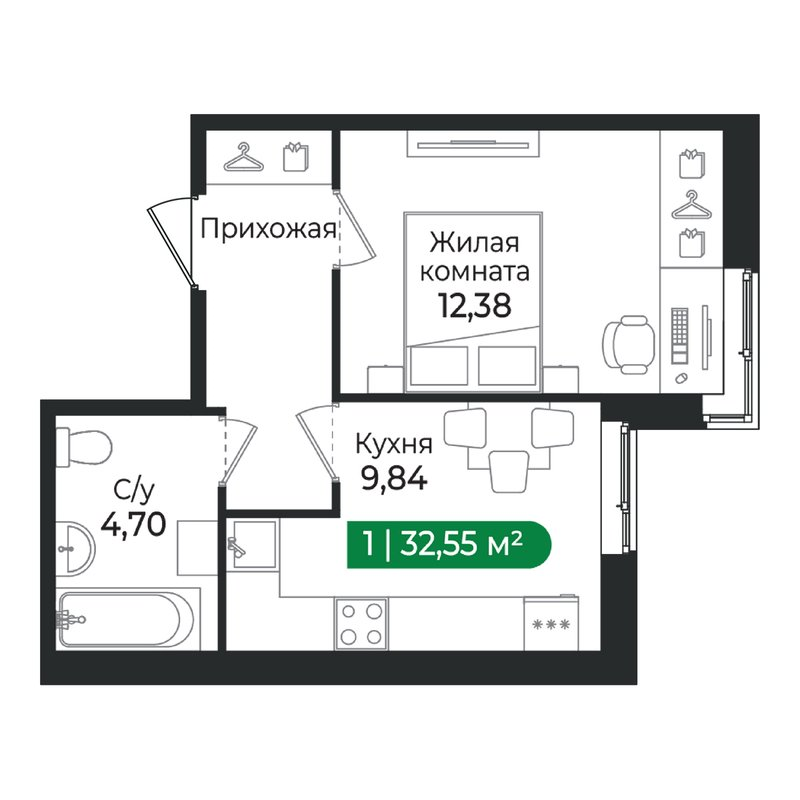 1-комнатная квартира, 32.55 м² в ЖК "Сертолово Парк" - планировка, фото №1