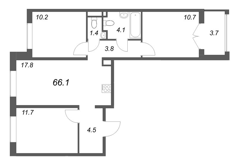 4-комнатная (Евро) квартира, 66.1 м² в ЖК "Пулково Lake" - планировка, фото №1