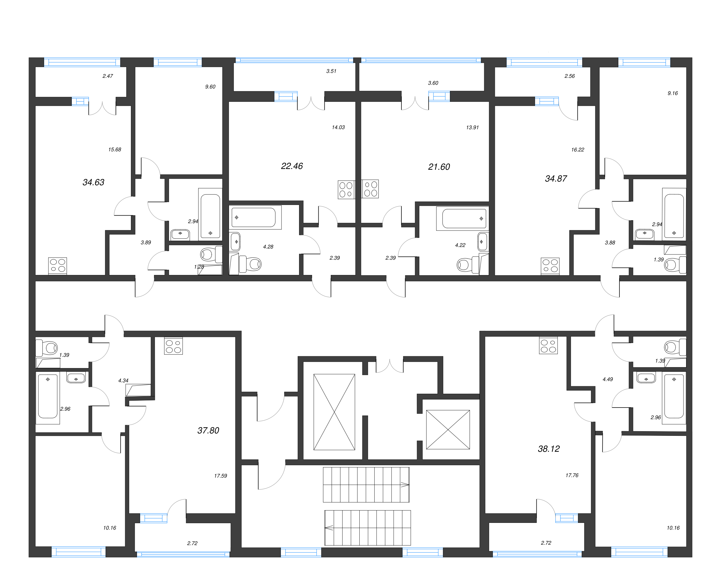 2-комнатная (Евро) квартира, 34.63 м² - планировка этажа