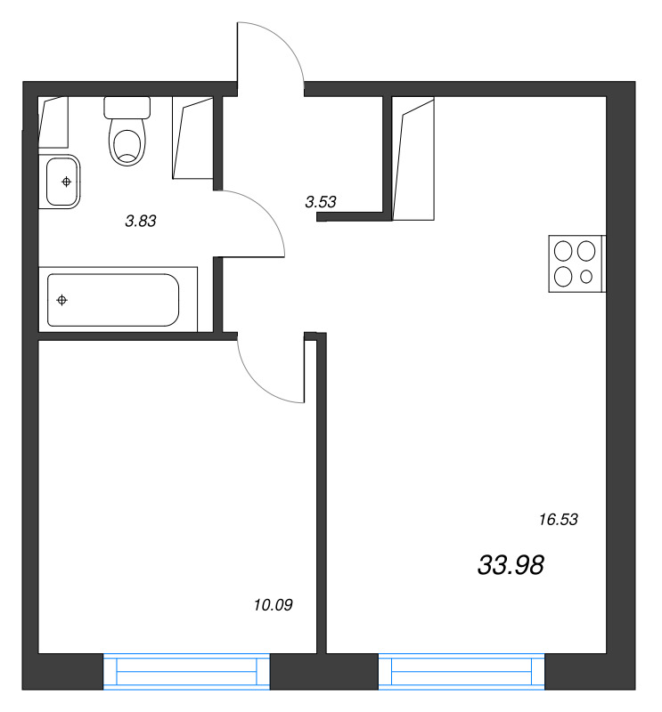 2-комнатная (Евро) квартира, 33.98 м² в ЖК "Кронунг Янино" - планировка, фото №1