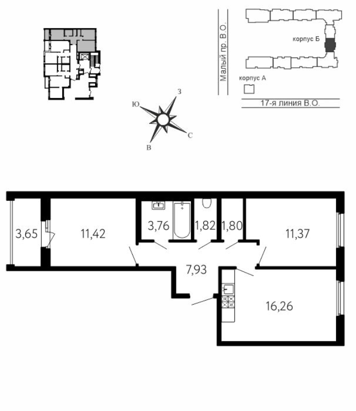 3-комнатная (Евро) квартира, 55.46 м² в ЖК "17-я линия" - планировка, фото №1