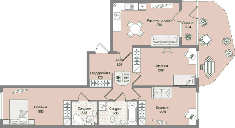 4-комнатная (Евро) квартира, 83.47 м² в ЖК "Охтинские высоты" - планировка, фото №1