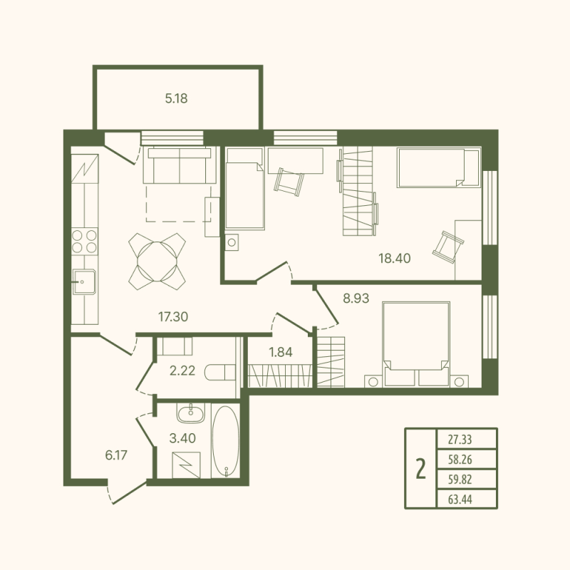 3-комнатная (Евро) квартира, 59.82 м² в ЖК "Рауни" - планировка, фото №1