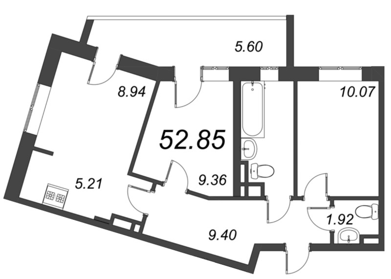 2-комнатная квартира, 52.85 м² - планировка, фото №1