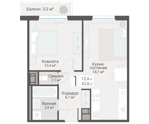 2-комнатная (Евро) квартира, 42.8 м² в ЖК "Руднева 15" - планировка, фото №1