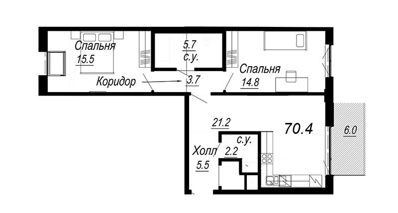 3-комнатная (Евро) квартира, 68.1 м² - планировка, фото №1