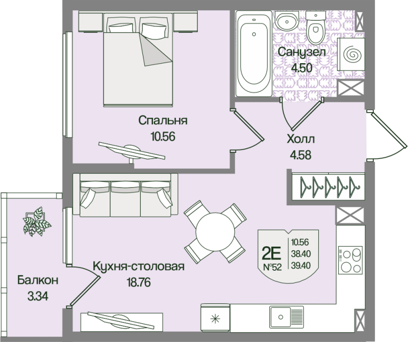 2-комнатная (Евро) квартира, 39.4 м² в ЖК "Охтинские высоты" - планировка, фото №1