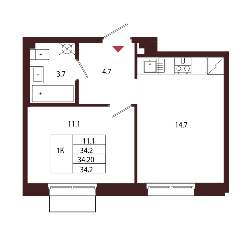 1-комнатная квартира, 34.2 м² в ЖК "Лисино" - планировка, фото №1