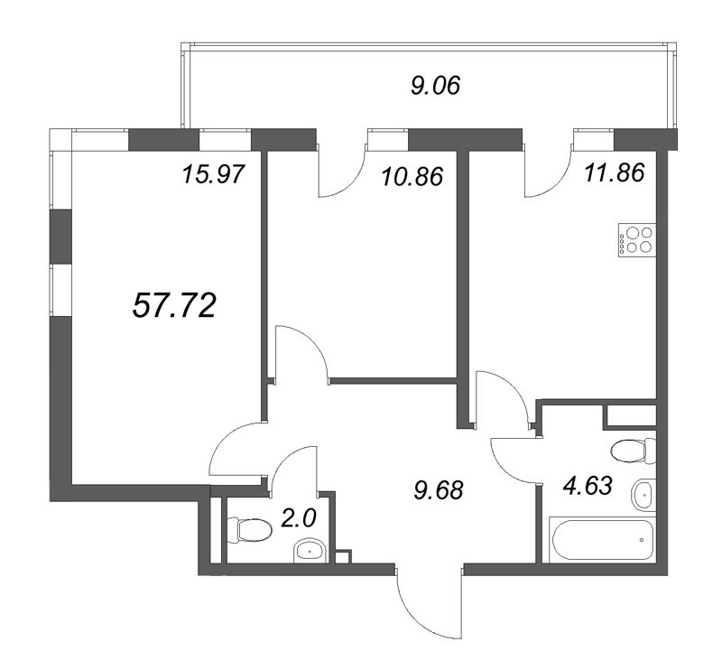 2-комнатная квартира, 57.72 м² в ЖК "Новая история" - планировка, фото №1