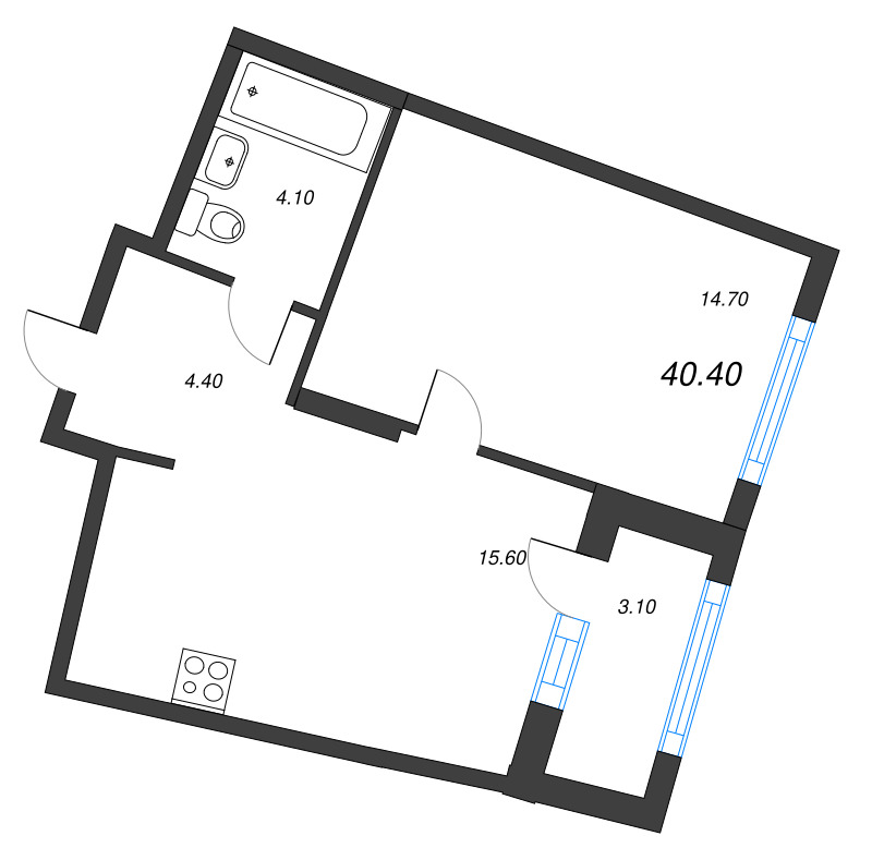 2-комнатная (Евро) квартира, 40.4 м² в ЖК "Ягодное Река Парк" - планировка, фото №1
