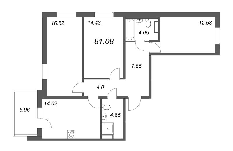 3-комнатная квартира, 78.1 м² - планировка, фото №1