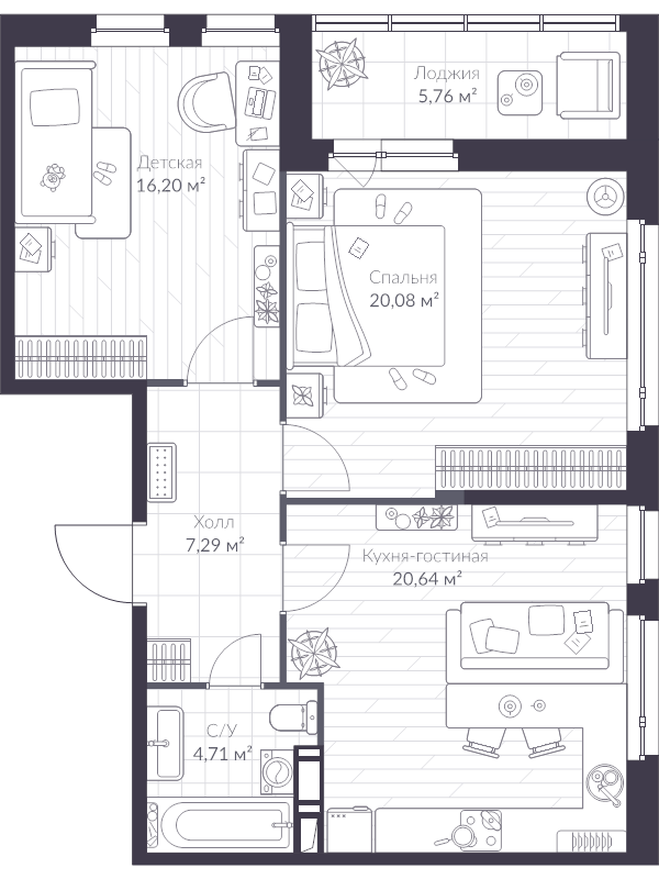 3-комнатная (Евро) квартира, 71.9 м² в ЖК "VEREN NEXT шуваловский" - планировка, фото №1