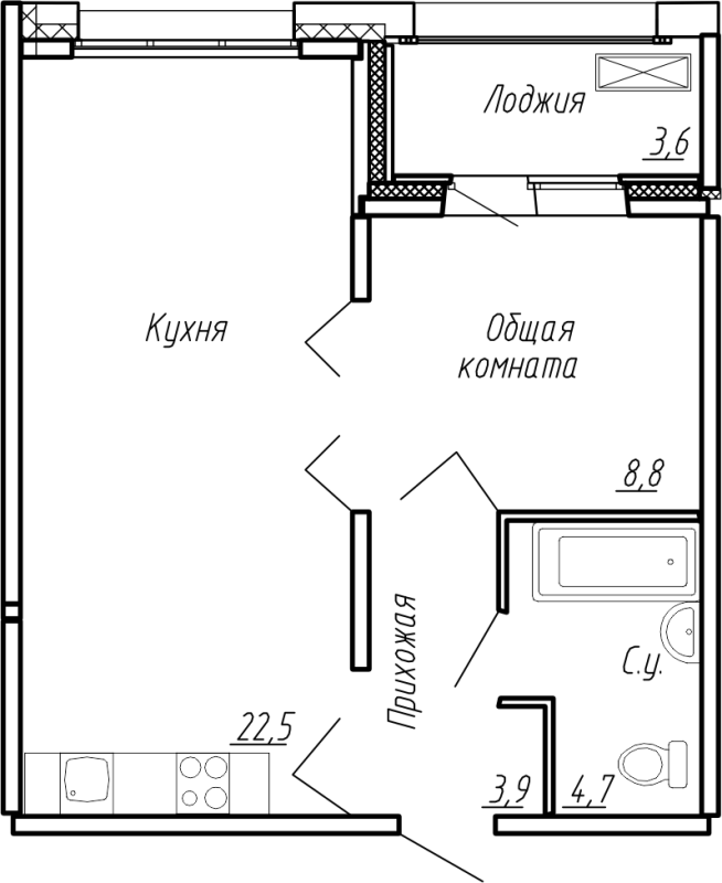 2-комнатная (Евро) квартира, 43.5 м² в ЖК "Сибирь" - планировка, фото №1