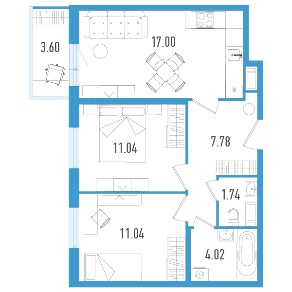 3-комнатная (Евро) квартира, 53.7 м² в ЖК "AEROCITY" - планировка, фото №1