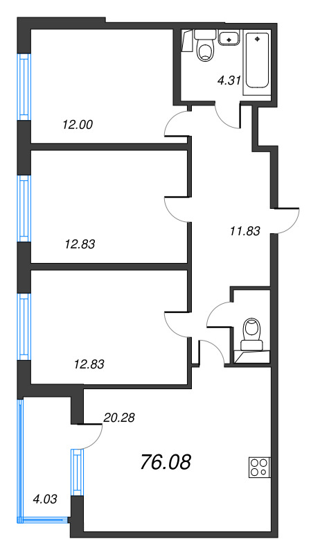 4-комнатная (Евро) квартира, 76.08 м² в ЖК "ЮгТаун" - планировка, фото №1