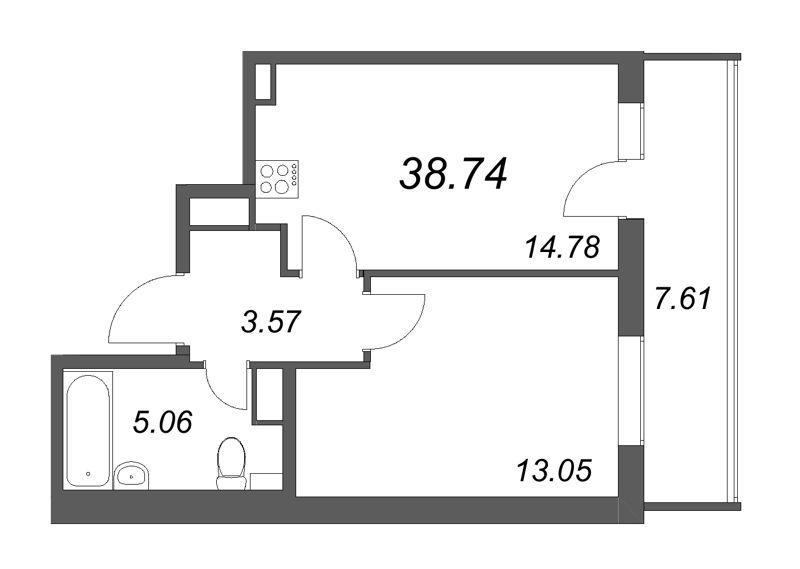1-комнатная квартира, 38.74 м² в ЖК "Аквилон All in 3.0" - планировка, фото №1