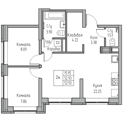 3-комнатная (Евро) квартира, 52.93 м² в ЖК "Юнтолово" - планировка, фото №1