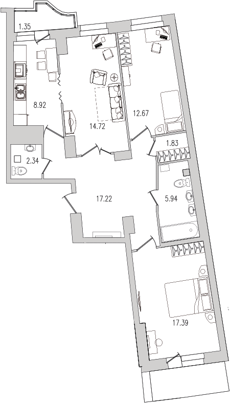 3-комнатная квартира, 87.7 м² - планировка, фото №1