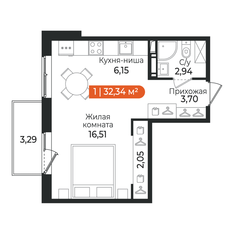 Квартира-студия, 32.34 м² в ЖК "Алгоритм Квинта" - планировка, фото №1