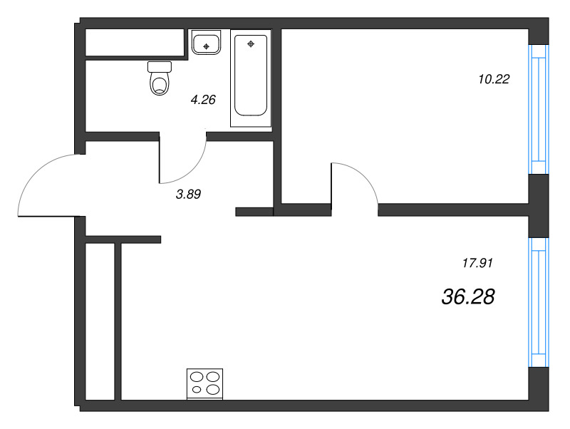 2-комнатная (Евро) квартира, 36.28 м² - планировка, фото №1