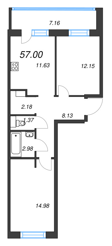 2-комнатная квартира, 57 м² - планировка, фото №1