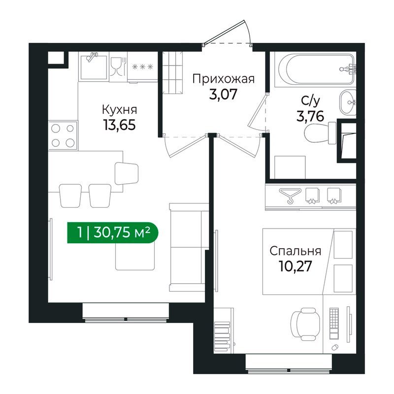 1-комнатная квартира, 30.5 м² в ЖК "Сертолово Парк" - планировка, фото №1
