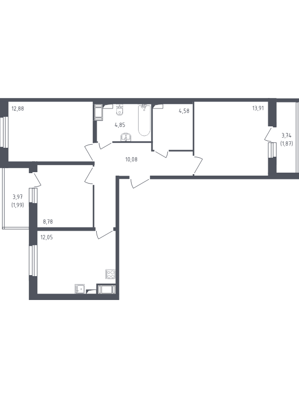 3-комнатная квартира, 70.99 м² - планировка, фото №1